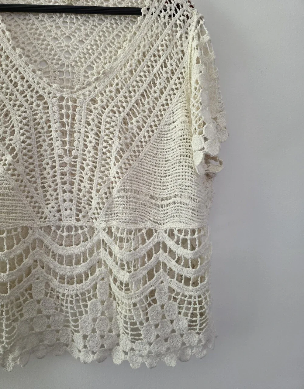 Crochet Vneck Boho Blouse Womens L Cream Festival Coastal Cowgirl Western